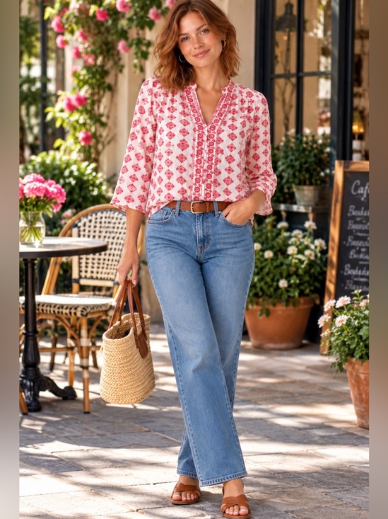Dex Tops - Dex Red Floral Tunic Top on Cream